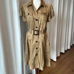 Diane von Furstenberg khaki/gold cotton, belted safari dress w side hip pockets.